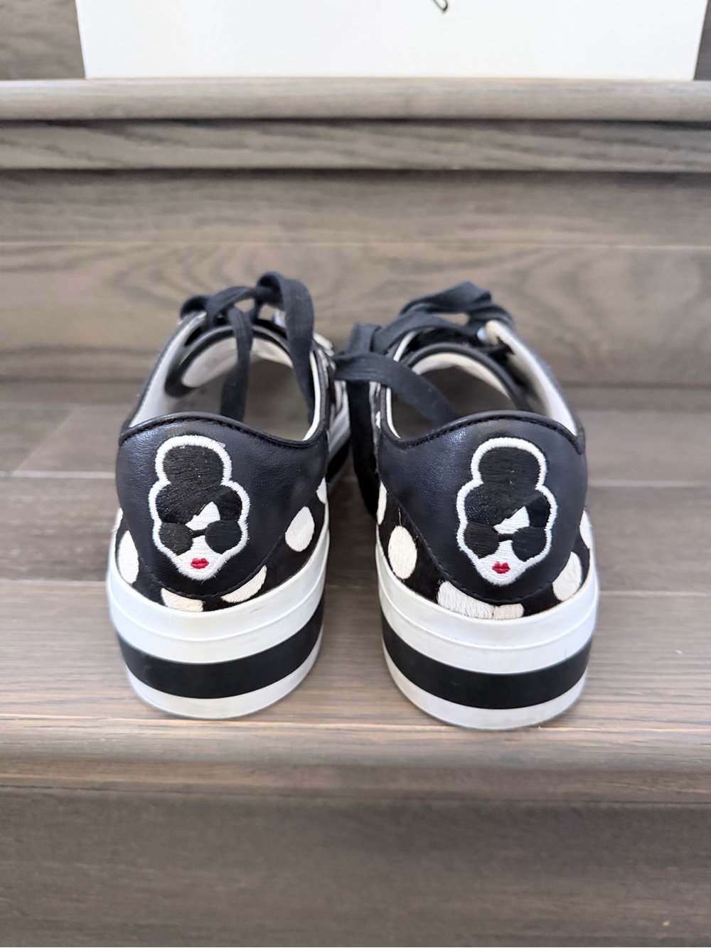 Alice + Olivia Black and White Polka Dot Platform Sneakers with Embroidered Face